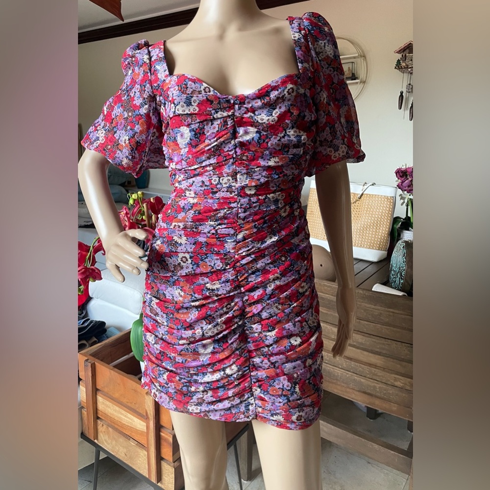 Zara Red Floral Ruched Mini Dress
